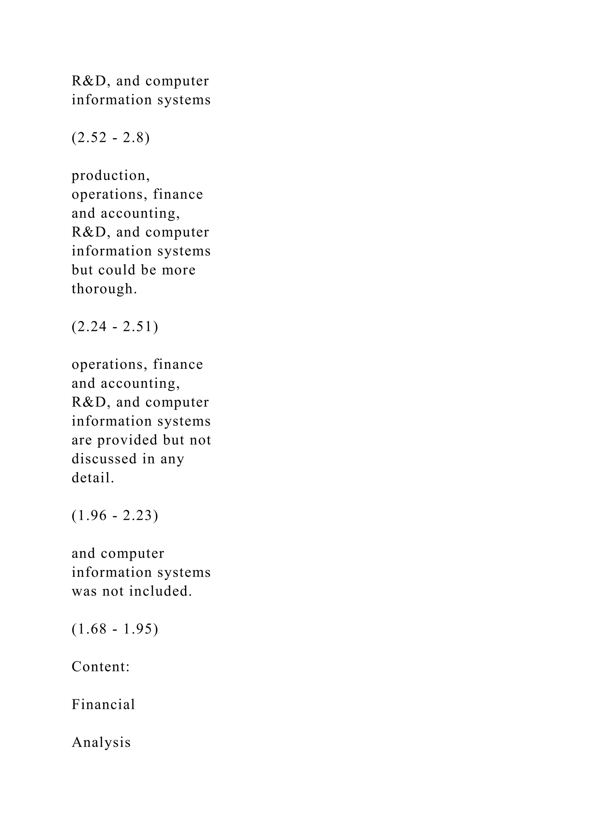 R&D, and computer
information systems
(2.52 - 2.8)
production,
operations, finance
and accounting,
R&D, and computer
information systems
but could be more
thorough.
(2.24 - 2.51)
operations, finance
and accounting,
R&D, and computer
information systems
are provided but not
discussed in any
detail.
(1.96 - 2.23)
and computer
information systems
was not included.
(1.68 - 1.95)
Content:
Financial
Analysis
 