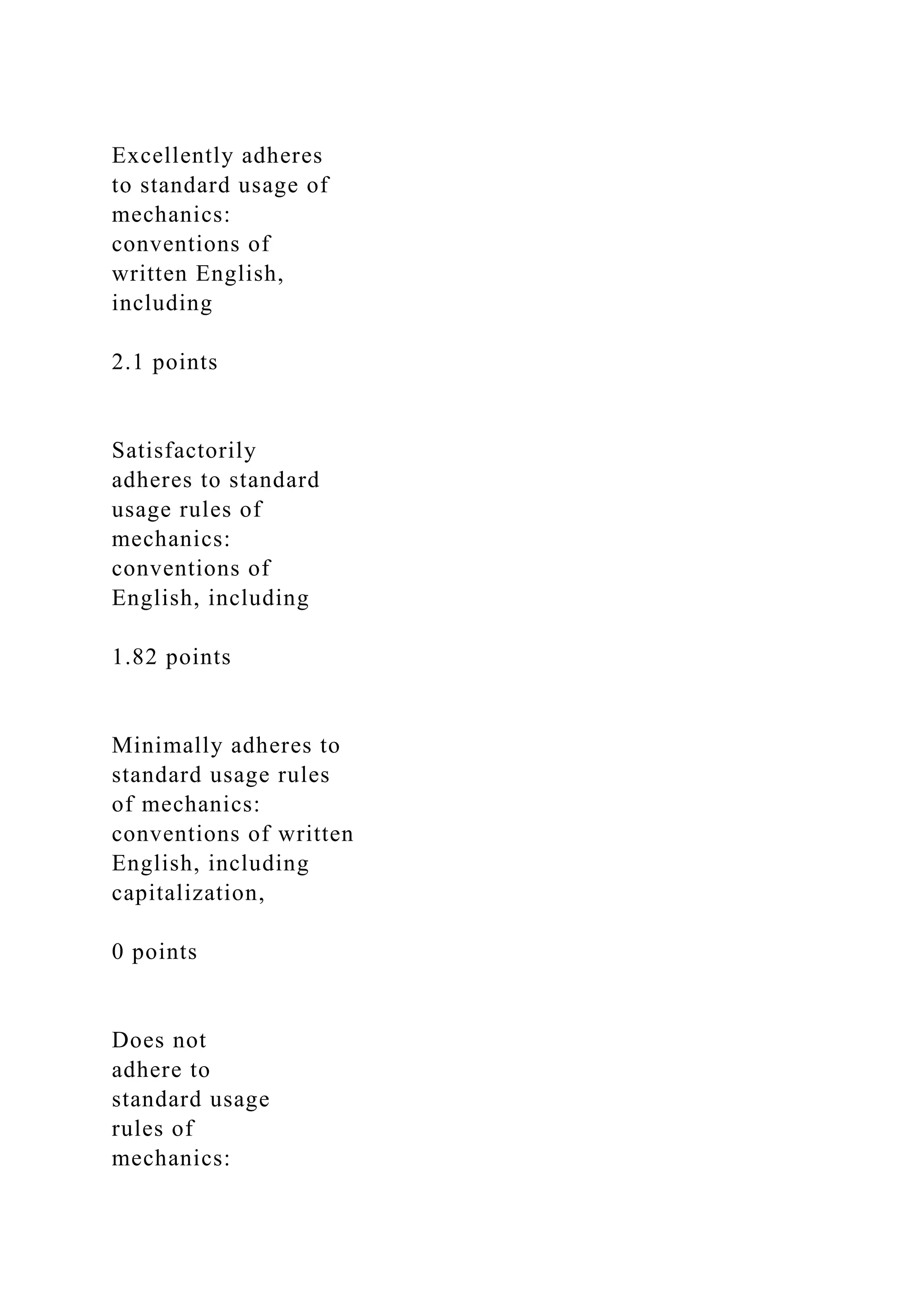 Excellently adheres
to standard usage of
mechanics:
conventions of
written English,
including
2.1 points
Satisfactorily
adheres to standard
usage rules of
mechanics:
conventions of
English, including
1.82 points
Minimally adheres to
standard usage rules
of mechanics:
conventions of written
English, including
capitalization,
0 points
Does not
adhere to
standard usage
rules of
mechanics:
 
