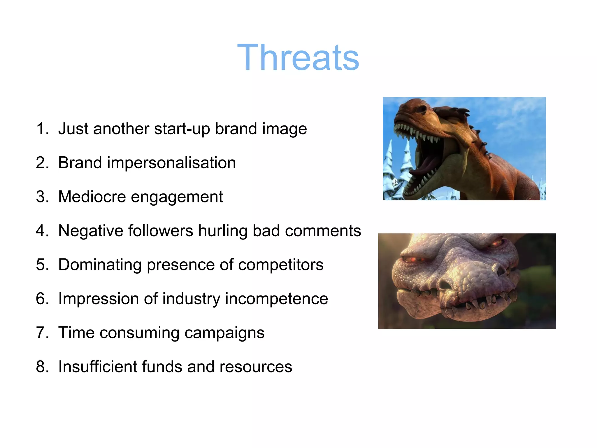 Threats
1. Just another start-up brand image
2. Brand impersonalisation
3. Mediocre engagement
4. Negative followers hurling bad comments
5. Dominating presence of competitors
6. Impression of industry incompetence
7. Time consuming campaigns
8. Insufficient funds and resources

 