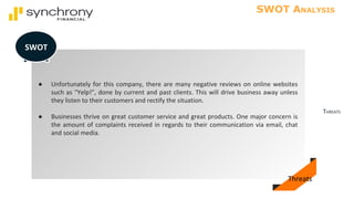 THREATS
SWOT ANALYSIS
● Unfortunately for this company, there are many negative reviews on online websites
such as “Yelp!”, done by current and past clients. This will drive business away unless
they listen to their customers and rectify the situation.
● Businesses thrive on great customer service and great products. One major concern is
the amount of complaints received in regards to their communication via email, chat
and social media.
SWOT
Threats
 