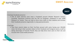 OPPORTUNITIES
SWOT ANALYSIS
• Increase Facebook presence
• 71% of adult internet users have a Facebook account (Pewter Research Center).
Currently, Synchrony Financial only has 561 on Facebook, compared to over 4,000
followers on Twitter. They can help to drive more traffic to their website and increase
their Facebook presence organically or using sponsored posts.
• YouTube
• They have several videos on their YouTube account with some having over 200,000
views. By tieing in their youtube videos to their Facebook and Instagram posts as well as
taking advantage of Youtube Preroll, they can help drive more users to their site and
increase their social media presence.
Opportunities
SWOT
 