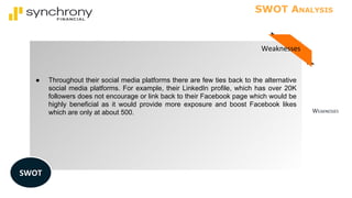 WEAKNESSES
SWOT ANALYSIS
● Throughout their social media platforms there are few ties back to the alternative
social media platforms. For example, their LinkedIn profile, which has over 20K
followers does not encourage or link back to their Facebook page which would be
highly beneficial as it would provide more exposure and boost Facebook likes
which are only at about 500.
SWOT
Weaknesses
 