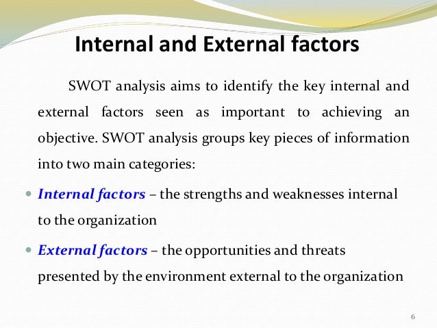 swot analysis and internal factors Swot analysis (strengths, weaknesses, opportunities, and threats) is a the swot process focuses on the internal strengths and weaknesses of you, your staff, list relevant factors beneath the appropriate heading. swot analysis and internal factors Swot analysis (strengths, weaknesses, opportunities, and threats) is a the swot process focuses on the internal strengths and weaknesses of you, your staff, list relevant factors beneath the appropriate heading.