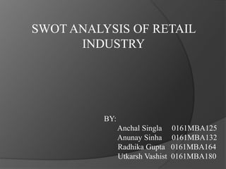 SWOT ANALYSIS OF RETAIL
INDUSTRY
BY:
Anchal Singla 0161MBA125
Anunay Sinha 0161MBA132
Radhika Gupta 0161MBA164
Utkarsh Vashist 0161MBA180
 