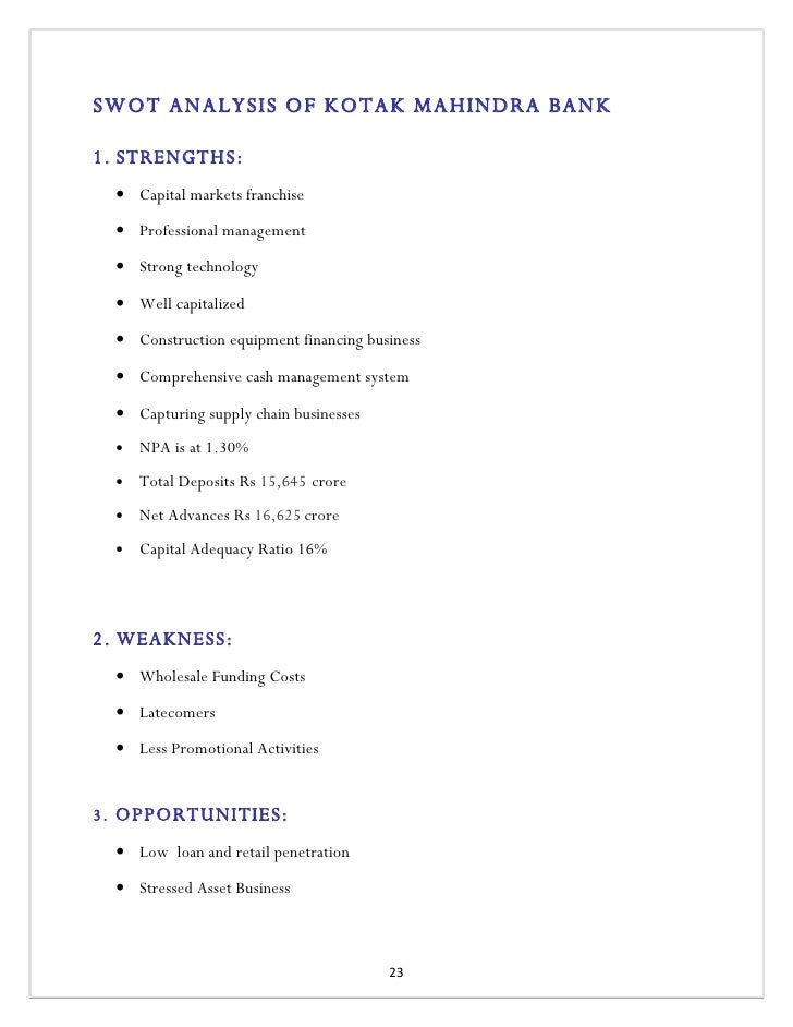 swot analysis of kotak mahindra bank Ing bank merges with kotak bank nishith desai associates (nda) parties kotak mahindra bank limited and ing vysya bank limited rbi reserve bank of india. swot analysis of kotak mahindra bank Ing bank merges with kotak bank nishith desai associates (nda) parties kotak mahindra bank limited and ing vysya bank limited rbi reserve bank of india.
