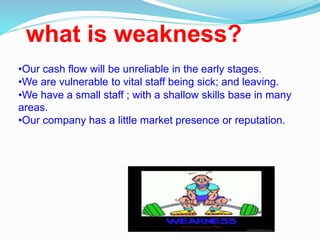 what is weakness?
•Our cash flow will be unreliable in the early stages.
•We are vulnerable to vital staff being sick; and leaving.
•We have a small staff ; with a shallow skills base in many
areas.
•Our company has a little market presence or reputation.
 