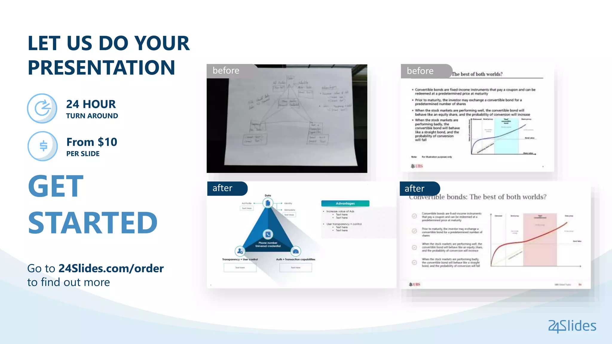 LET US DO YOUR
PRESENTATION
after
before
after
before
24 HOUR
TURN AROUND
From $10
PER SLIDE
GET
STARTED
Go to 24Slides.com/order
to find out more
 