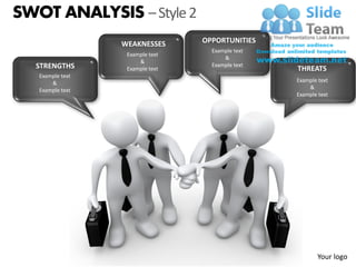 SWOT ANALYSIS – Style 2
                  WEAKNESSES      OPPORTUNITIES
                                    Example text
                   Example text
                                        &
                       &
  STRENGTHS        Example text
                                    Example text
                                                   THREATS
   Example text
       &                                           Example text
   Example text                                        &
                                                   Example text




                                                          Your logo
 