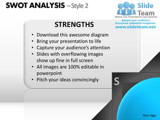SWOT ANALYSIS – Style 2

                 STRENGTHS
       • Download this awesome diagram
       • Bring your presentation to life
       • Capture your audience’s attention
       • Slides with overflowing images
         show up fine in full screen
       • All images are 100% editable in
         powerpoint
       • Pitch your ideas convincingly
                                             S

                                                 Your logo
 
