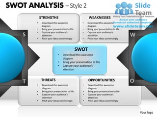 SWOT ANALYSIS – Style 2
            STRENGTHS                                 WEAKNESSES
        •    Download this awesome               •   Download this awesome
             diagram                                 diagram
        •    Bring your presentation to life     •   Bring your presentation to life
        •    Capture your audience’s             •   Capture your audience’s
    S        attention                               attention                          W
        •    Pitch your ideas convincingly       •   Pitch your ideas convincingly



                                               SWOT
                            •    Download this awesome
                                 diagram
                            •    Bring your presentation to life
                            •    Capture your audience’s
                                 attention



    T
    T       THREATS                                   OPPORTUNITIES                     O
        •    Download this awesome               •    Download this awesome
             diagram                                  diagram
        •    Bring your presentation to life     •    Bring your presentation to life
        •    Capture your audience’s             •    Capture your audience’s
             attention                                attention
        •    Pitch your ideas convincingly       •    Pitch your ideas convincingly



                                                                                            Your logo
 