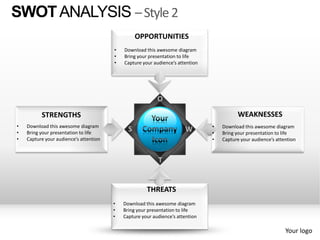 SWOT ANALYSIS – Style 2
                                                  OPPORTUNITIES
                                        •   Download this awesome diagram
                                        •   Bring your presentation to life
                                        •   Capture your audience’s attention




                                                           O

          STRENGTHS                                                                       WEAKNESSES
•   Download this awesome diagram                                               •   Download this awesome diagram
•   Bring your presentation to life
                                              S                        W        •   Bring your presentation to life
•   Capture your audience’s attention                                           •   Capture your audience’s attention


                                                           T


                                                      THREATS
                                        •   Download this awesome diagram
                                        •   Bring your presentation to life
                                        •   Capture your audience’s attention

                                                                                                                Your logo
 