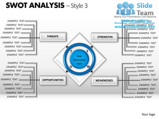 SWOT ANALYSIS – Style 3
     EXAMPLE TEXT                                        EXAMPLE TEXT
    EXAMPLE TEXT                                          EXAMPLE TEXT
  EXAMPLE TEXT                                             EXAMPLE TEXT
 EXAMPLE TEXT                                               EXAMPLE TEXT
EXAMPLE TEXT          THREATS                STRENGTHS       EXAMPLE TEXT
 EXAMPLE TEXT                                               EXAMPLE TEXT
  EXAMPLE TEXT                                             EXAMPLE TEXT
   EXAMPLE TEXT                     T   S                 EXAMPLE TEXT
    EXAMPLE TEXT                                         EXAMPLE TEXT

     EXAMPLE TEXT                                        EXAMPLE TEXT
    EXAMPLE TEXT                    O   W                 EXAMPLE TEXT
  EXAMPLE TEXT                                             EXAMPLE TEXT
 EXAMPLE TEXT                                               EXAMPLE TEXT
EXAMPLE TEXT        OPPORTUNITIES           WEAKNESSES       EXAMPLE TEXT
 EXAMPLE TEXT                                               EXAMPLE TEXT
  EXAMPLE TEXT                                             EXAMPLE TEXT
   EXAMPLE TEXT                                           EXAMPLE TEXT
    EXAMPLE TEXT                                         EXAMPLE TEXT




                                                              Your logo
 