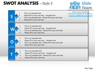SWOT ANALYSIS – Style 3
       •   This is an example text

   S   •
       •
           Please fill in your own text - Example text
           This is an example text - Please fill in your own text
       •   Please fill in your own text


       •   This is an example text

   W   •
       •
           Please fill in your own text - Example text
           This is an example text - Please fill in your own text
       •   Please fill in your own text


       •   This is an example text
       •   Please fill in your own text - Example text
   O   •
       •
           This is an example text - Please fill in your own text
           Please fill in your own text


       •   This is an example text

   T   •
       •
       •
           Please fill in your own text - Example text
           This is an example text - Please fill in your own text
           Please fill in your own text




                                                                    Your logo
 