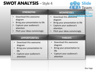 SWOT ANALYSIS – Style 4
             STRENGTHS                           WEAKNESSES
    • Download this awesome             • Download this awesome
      diagram                             diagram
    • Bring your presentation to life   • Bring your presentation to life
    • Capture your audience’s           • Capture your audience’s
      attention                           attention
    • Pitch your ideas convincingly     • Pitch your ideas convincingly

            OPPORTUNITIES                          THREATS
     • Download this awesome            • Download this awesome
       diagram                            diagram
     • Bring your presentation to       • Bring your presentation to
       life                               life
     • Capture your audience’s          • Capture your audience’s
       attention                          attention



                                                                            Your logo
 