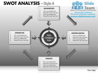 SWOT ANALYSIS – Style 4
                                               WEAKNESSES
                                      •       This is an example text
                                      •       Please fill in your own text
                                      •       This is an example text
                                      •       Please fill in your own text




                                                       W
        STRENGTHS                                                                OPPORTUNITIES
   •   This is an example text                                               •    This is an example text
   •   Please fill in your own text                                          •    Please fill in your own text
   •   This is an example text
                                          S                         O        •    This is an example text
   •   Please fill in your own text                                          •    Please fill in your own text


                                                        T




                                                  THREATS
                                      •       This is an example text
                                      •       Please fill in your own text
                                      •       This is an example text
                                      •       Please fill in your own text

                                                                                                                 Your logo
 