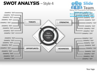 SWOT ANALYSIS – Style 4
     EXAMPLE TEXT                                       EXAMPLE TEXT
    EXAMPLE TEXT                                         EXAMPLE TEXT
  EXAMPLE TEXT                                            EXAMPLE TEXT
 EXAMPLE TEXT                                              EXAMPLE TEXT
EXAMPLE TEXT          THREATS               STRENGTHS       EXAMPLE TEXT
 EXAMPLE TEXT                                              EXAMPLE TEXT
  EXAMPLE TEXT                                            EXAMPLE TEXT
   EXAMPLE TEXT                    T   S                 EXAMPLE TEXT
    EXAMPLE TEXT                                        EXAMPLE TEXT

     EXAMPLE TEXT                                       EXAMPLE TEXT
    EXAMPLE TEXT                   O   W                 EXAMPLE TEXT
  EXAMPLE TEXT                                            EXAMPLE TEXT
 EXAMPLE TEXT                                              EXAMPLE TEXT
EXAMPLE TEXT        OPPORTUNITES           WEAKNESSES       EXAMPLE TEXT
 EXAMPLE TEXT                                              EXAMPLE TEXT
  EXAMPLE TEXT                                            EXAMPLE TEXT
   EXAMPLE TEXT                                          EXAMPLE TEXT
    EXAMPLE TEXT                                        EXAMPLE TEXT




                                                             Your logo
 