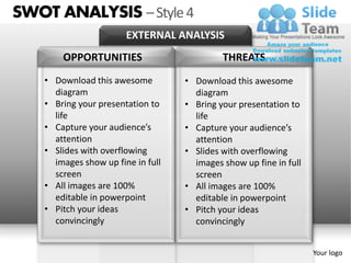 SWOT ANALYSIS – Style 4
                        EXTERNAL ANALYSIS
        OPPORTUNITIES                        THREATS
    • Download this awesome         • Download this awesome
      diagram                         diagram
    • Bring your presentation to    • Bring your presentation to
      life                            life
    • Capture your audience’s       • Capture your audience’s
      attention                       attention
    • Slides with overflowing       • Slides with overflowing
      images show up fine in full     images show up fine in full
      screen                          screen
    • All images are 100%           • All images are 100%
      editable in powerpoint          editable in powerpoint
    • Pitch your ideas              • Pitch your ideas
      convincingly                    convincingly


                                                                    Your logo
 