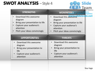 SWOT ANALYSIS – Style 4
             STRENGTHS                           WEAKNESSES
    • Download this awesome             • Download this awesome
      diagram                             diagram
    • Bring your presentation to life   • Bring your presentation to life
    • Capture your audience’s           • Capture your audience’s
      attention                           attention
    • Pitch your ideas convincingly     • Pitch your ideas convincingly

            OPPORTUNITIES                          THREATS
     • Download this awesome            • Download this awesome
       diagram                            diagram
     • Bring your presentation to       • Bring your presentation to
       life                               life
     • Capture your audience’s          • Capture your audience’s
       attention                          attention



                                                                            Your logo
 