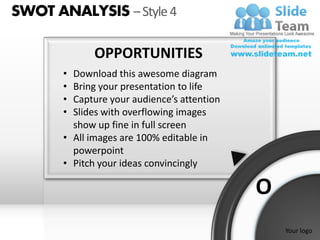 SWOT ANALYSIS – Style 4

             OPPORTUNITIES
       • Download this awesome diagram
       • Bring your presentation to life
       • Capture your audience’s attention
       • Slides with overflowing images
         show up fine in full screen
       • All images are 100% editable in
         powerpoint
       • Pitch your ideas convincingly

                                             O
                                                 Your logo
 