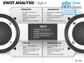 SWOT ANALYSIS – Style 4
            STRENGTHS                                 WEAKNESSES
        •    Download this awesome               •   Download this awesome
             diagram                                 diagram
        •    Bring your presentation to life     •   Bring your presentation to life
        •    Capture your audience’s             •   Capture your audience’s
             attention                               attention
        •    Pitch your ideas convincingly       •   Pitch your ideas convincingly

   S                                                                                    W
                                               SWOT
                            •    Download this awesome
                                 diagram
                            •    Bring your presentation to life
                            •    Capture your audience’s
                                 attention


   T        THREATS                                   OPPORTUNITIES                     O
        •    Download this awesome               •    Download this awesome
             diagram                                  diagram
        •    Bring your presentation to life     •    Bring your presentation to life
        •    Capture your audience’s             •    Capture your audience’s
             attention                                attention
        •    Pitch your ideas convincingly       •    Pitch your ideas convincingly



                                                                                            Your logo
 