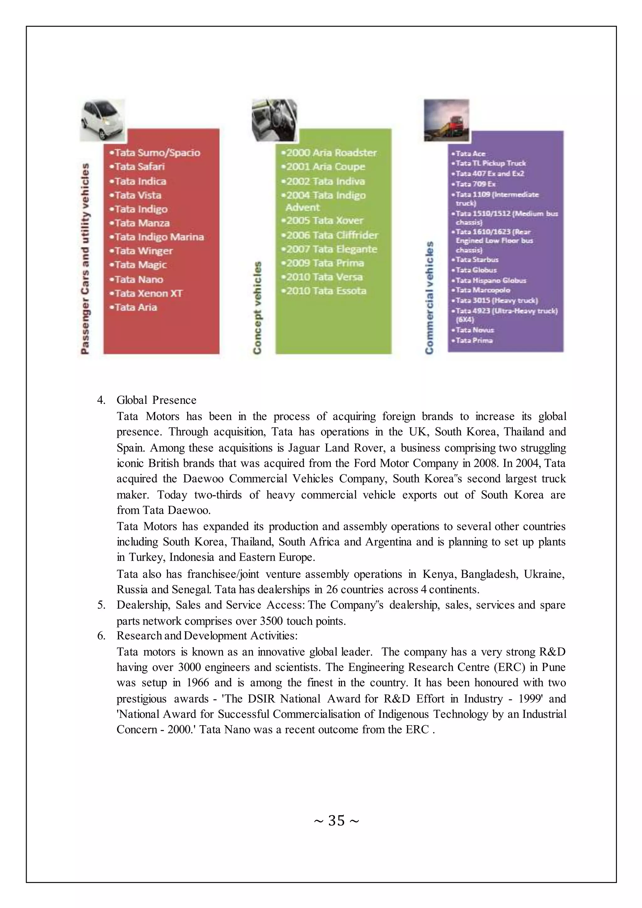 ~ 35 ~
4. Global Presence
Tata Motors has been in the process of acquiring foreign brands to increase its global
presence. Through acquisition, Tata has operations in the UK, South Korea, Thailand and
Spain. Among these acquisitions is Jaguar Land Rover, a business comprising two struggling
iconic British brands that was acquired from the Ford Motor Company in 2008. In 2004, Tata
acquired the Daewoo Commercial Vehicles Company, South Korea‟s second largest truck
maker. Today two-thirds of heavy commercial vehicle exports out of South Korea are
from Tata Daewoo.
Tata Motors has expanded its production and assembly operations to several other countries
including South Korea, Thailand, South Africa and Argentina and is planning to set up plants
in Turkey, Indonesia and Eastern Europe.
Tata also has franchisee/joint venture assembly operations in Kenya, Bangladesh, Ukraine,
Russia and Senegal. Tata has dealerships in 26 countries across 4 continents.
5. Dealership, Sales and Service Access: The Company‟s dealership, sales, services and spare
parts network comprises over 3500 touch points.
6. Research and Development Activities:
Tata motors is known as an innovative global leader. The company has a very strong R&D
having over 3000 engineers and scientists. The Engineering Research Centre (ERC) in Pune
was setup in 1966 and is among the finest in the country. It has been honoured with two
prestigious awards - 'The DSIR National Award for R&D Effort in Industry - 1999' and
'National Award for Successful Commercialisation of Indigenous Technology by an Industrial
Concern - 2000.' Tata Nano was a recent outcome from the ERC .
 