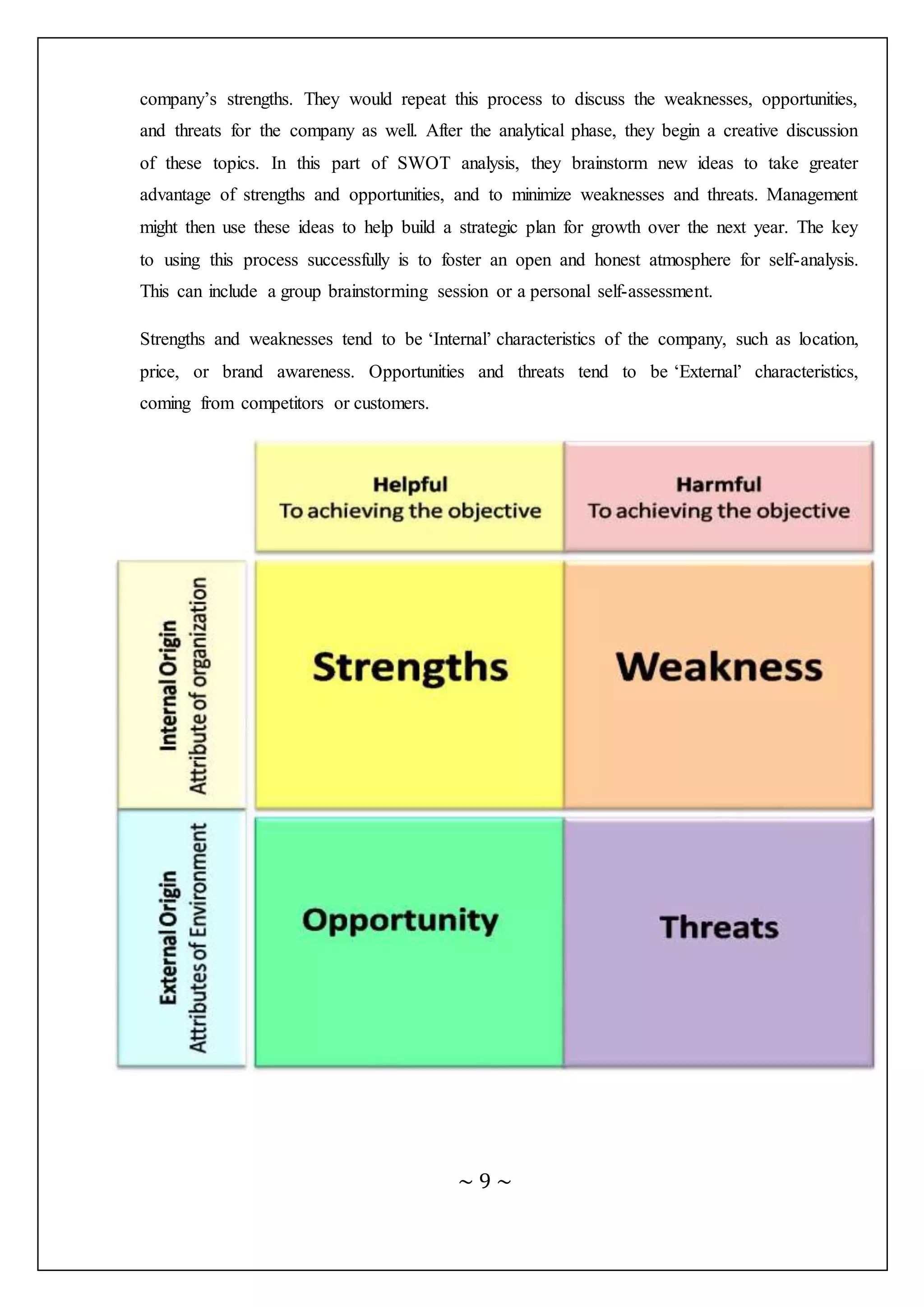 ~ 9 ~
company’s strengths. They would repeat this process to discuss the weaknesses, opportunities,
and threats for the company as well. After the analytical phase, they begin a creative discussion
of these topics. In this part of SWOT analysis, they brainstorm new ideas to take greater
advantage of strengths and opportunities, and to minimize weaknesses and threats. Management
might then use these ideas to help build a strategic plan for growth over the next year. The key
to using this process successfully is to foster an open and honest atmosphere for self-analysis.
This can include a group brainstorming session or a personal self-assessment.
Strengths and weaknesses tend to be ‘Internal’ characteristics of the company, such as location,
price, or brand awareness. Opportunities and threats tend to be ‘External’ characteristics,
coming from competitors or customers.
 