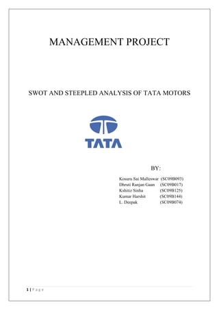 MANAGEMENT PROJECT



SWOT AND STEEPLED ANALYSIS OF TATA MOTORS




                                     BY:
                      Kosuru Sai Malleswar (SC09B093)
                      Dhruti Ranjan Gaan (SC09B017)
                      Kshitiz Sinha        (SC09B125)
                      Kumar Harshit        (SC09B144)
                      L. Deepak            (SC09B074)




1|Page
 