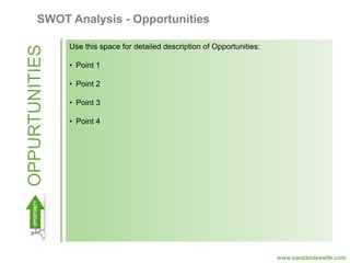 OPPURTUNITIES
www.swotandpestle.com
SWOT Analysis - Opportunities
Use this space for detailed description of Opportunities:
• Point 1
• Point 2
• Point 3
• Point 4
 