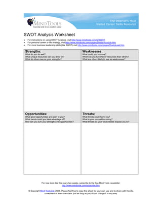 The Internet’s Most
                                                                               Visited Career Skills Resource



SWOT Analysis Worksheet
•     For instructions on using SWOT Analysis, visit http://www.mindtools.com/rs/SWOT.
•     For personal career or life strategy, visit http://www.mindtools.com/rpages/DesignYourLife.htm.
•     For more business leadership skills (like SWOT) visit http://www.mindtools.com/rpages/HowtoLead.htm.


    Strengths:                                                   Weaknesses:
    What do you do well?                                         What could you improve?
    What unique resources can you draw on?                       Where do you have fewer resources than others?
    What do others see as your strengths?                        What are others likely to see as weaknesses?




    Opportunities:                                               Threats:
    What good opportunities are open to you?                     What trends could harm you?
    What trends could you take advantage of?                     What is your competition doing?
    How can you turn your strengths into opportunities?          What threats do your weaknesses expose you to?




                     For new tools like this every two weeks, subscribe to the free Mind Tools newsletter:
                                            http://www.mindtools.com/subscribe.htm.

       © Copyright Mind Tools Ltd, 2006. Please feel free to copy this sheet for your own use and to share with friends,
                       co-workers or team members, just as long as you do not change it in any way.
 