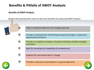 Benefits & Pitfalls of SWOT Analysis
Benefits of SWOT Analysis
Helps in setting of objectives for strategic planning
Besid...