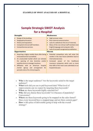 4
EXAMPLE OF SWOT ANALYSIS OF A HOSPITAL
 Who is the target audience? Are the keywords suited to the target
audience?
 What tools did you use to pull keyword data? What level of
improvements can we expect by targeting these keywords?
 When are these keywords highly searched for?
 Why did you choose these keywords? Is it because of popularity?
Conversions?
 Where are these keywords going to be mapped on the sales funnel?
Does every keyword have a mapped page and are there content gaps?
 How is this piece of deliverable going to help with the overall
strategy?
 