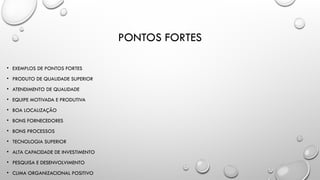 PONTOS FORTES
• EXEMPLOS DE PONTOS FORTES
• PRODUTO DE QUALIDADE SUPERIOR
• ATENDIMENTO DE QUALIDADE
• EQUIPE MOTIVADA E PRODUTIVA
• BOA LOCALIZAÇÃO
• BONS FORNECEDORES
• BONS PROCESSOS
• TECNOLOGIA SUPERIOR
• ALTA CAPACIDADE DE INVESTIMENTO
• PESQUISA E DESENVOLVIMENTO
• CLIMA ORGANIZACIONAL POSITIVO
 