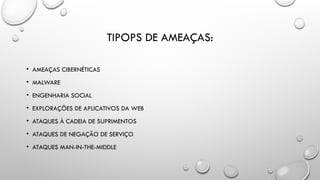 TIPOPS DE AMEAÇAS:
• AMEAÇAS CIBERNÉTICAS
• MALWARE
• ENGENHARIA SOCIAL
• EXPLORAÇÕES DE APLICATIVOS DA WEB
• ATAQUES À CADEIA DE SUPRIMENTOS
• ATAQUES DE NEGAÇÃO DE SERVIÇO
• ATAQUES MAN-IN-THE-MIDDLE
 