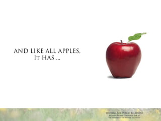 AND LIKE ALL APPLES,
     It HAS ...




                       Writing For Public Relations
                        Richard Becker, Copywrite, Ink. at
                        the University of Nevada, Las Vegas
 