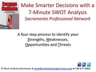 Make Smarter Decisions with a 7‑Minute SWOT AnalysisSacramento Professional Network A four-step process to identify your Strengths, Weaknesses, Opportunities and Threats © Mark Anthony Germanos ● mark@markanthonygermanos.com ● 530-677-8864  