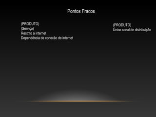 Pontos Fracos
(PRODUTO)
(Serviço)
Restrito a internet
Dependência de conexão de internet

(PRODUTO)
Único canal de distribuição

 