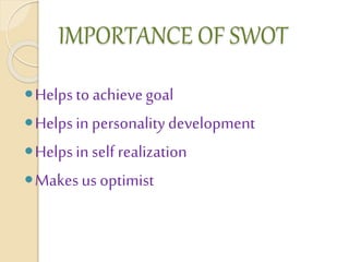 IMPORTANCE OF SWOT
Helpsto achievegoal
Helpsin personalitydevelopment
Helpsin self realization
Makesus optimist