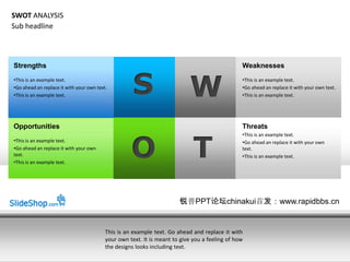 SWOT ANALYSIS
Sub headline



Strengths                                                                                       Weaknesses
?This is an example text.
?Go ahead an replace it with your own text.
?This is an example text.                            S                     W
                                                                                                ?This is an example text.
                                                                                                ?Go ahead an replace it with your own text.
                                                                                                ?This is an example text.




Opportunities                                                                                   Threats



                                                    O                        T
                                                                                                ?This is an example text.
?This is an example text.                                                                       ?Go ahead an replace it with your own
?Go ahead an replace it with your own                                                           text.
text.                                                                                           ?This is an example text.
?This is an example text.




                                                                       PPT̳chinakui׷www.rapidbbs.cn


                                          This is an example text. Go ahead and replace it with
                                          your own text. It is meant to give you a feeling of how
                                          the designs looks including text.
 