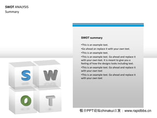 SWOT ANALYSIS
Summary




                SWOT summary

                ?This is an example text.
                ?Go ahead an replace it with your own text.
                ?This is an example text.
                ?This is an example text. Go ahead and replace it
                with your own text. It is meant to give you a
                feeling of how the designs looks including text.
                ?This is an example text. Go ahead and replace it
                with your own text
                ?This is an example text. Go ahead and replace it
                with your own text




                PPT̳chinakui׷www.rapidbbs.cn
 