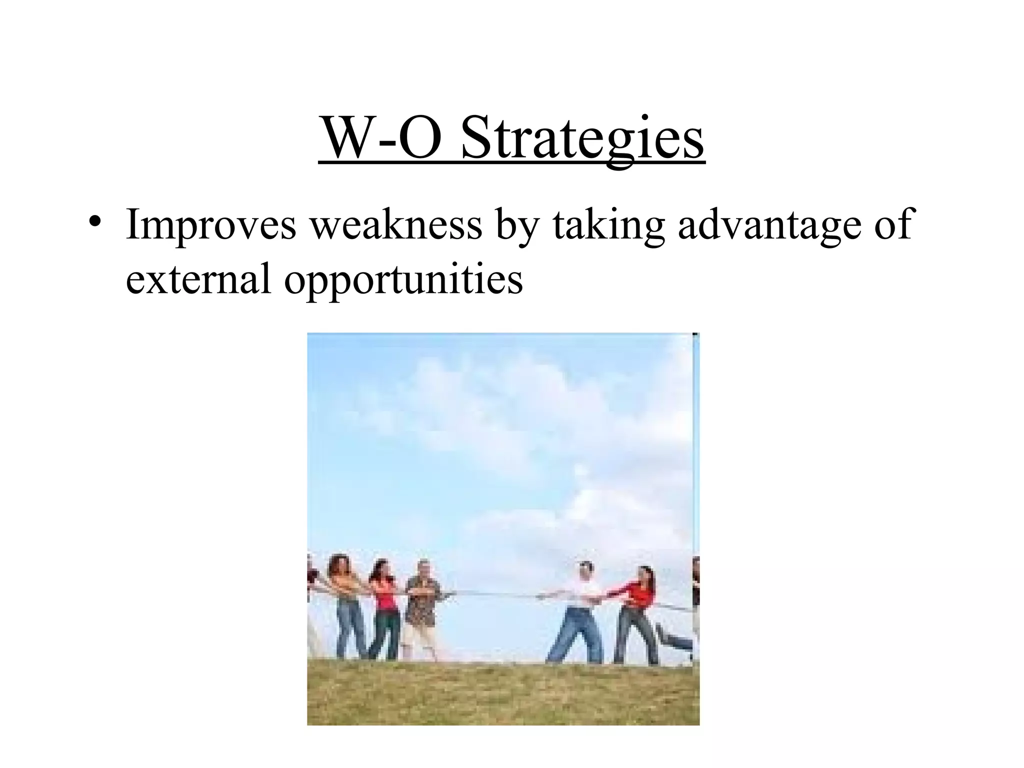 W-O Strategies
• Improves weakness by taking advantage of
  external opportunities
 