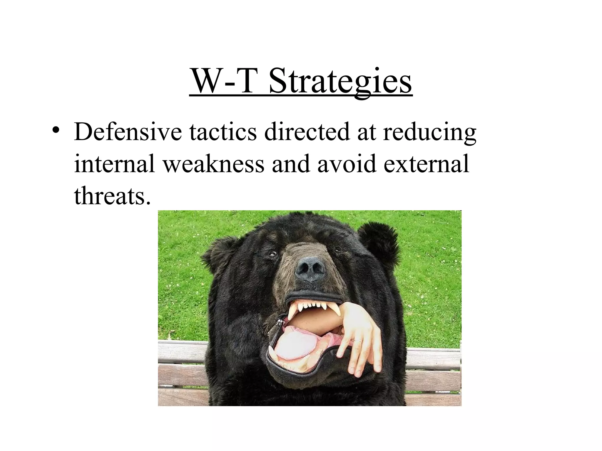 W-T Strategies
• Defensive tactics directed at reducing
  internal weakness and avoid external
  threats.
 