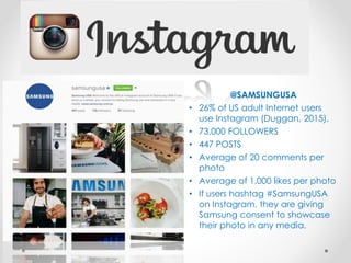 @SAMSUNGUSA
• 26% of US adult Internet users
use Instagram (Duggan, 2015).
• 73,000 FOLLOWERS
• 447 POSTS
• Average of 20 comments per
photo
• Average of 1,000 likes per photo
• If users hashtag #SamsungUSA
on Instagram, they are giving
Samsung consent to showcase
their photo in any media.
 