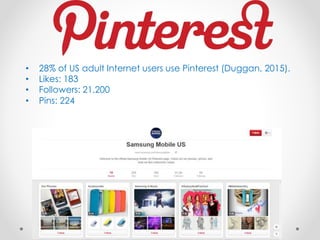 • 28% of US adult Internet users use Pinterest (Duggan, 2015).
• Likes: 183
• Followers: 21,200
• Pins: 224
 
