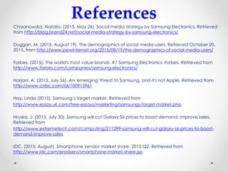 References
Chrzanowska, Natalia. (2015, May 26). Social media strategy by Samsung Electronics. Retrieved
from http://blog.brand24.net/social-media-strategy-by-samsung-electronics/
Duggan, M. (2015, August 19). The demographics of social media users. Retrieved October 20,
2015, from http://www.pewinternet.org/2015/08/19/the-demographics-of-social-media-users/
Forbes. (2015). The world's most value brands: #7 Samsung Electronics. Forbes. Retrieved from
http://www.forbes.com/companies/samsung-electronics/
Harjani, A. (2013, July 26). An 'emerging' threat to Samsung, and it's not Apple. Retrieved from
http://www.cnbc.com/id/100915961
Hay, Linda (2015). Samsung’s target market. Retrieved from
http://www.essay.uk.com/free-essays/marketing/samsungs-target-market.php
Hruska, J. (2015, July 30). Samsung will cut Galaxy S6 prices to boost demand, improve sales.
Retrieved from
http://www.extremetech.com/computing/211299-samsung-will-cut-galaxy-s6-prices-to-boost-
demand-improve-sales
IDC. (2015, August). Smartphone vendor market share, 2015 Q2. Retrieved from
http://www.idc.com/prodserv/smartphone-market-share.jsp
 