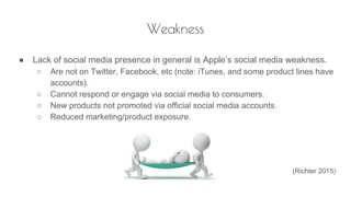 Weakness
● Lack of social media presence in general is Apple’s social media weakness.
○ Are not on Twitter, Facebook, etc (note: iTunes, and some product lines have
accounts).
○ Cannot respond or engage via social media to consumers.
○ New products not promoted via official social media accounts.
○ Reduced marketing/product exposure.
(Richter 2015)
 