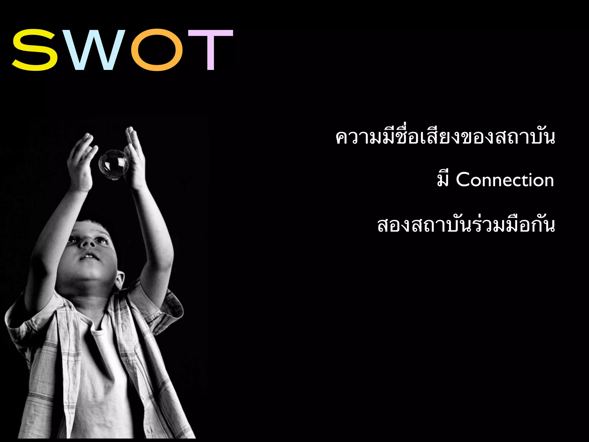 SWOT
       ความมีชื่อเสียงของสถาบัน

                  มี Connection

           สองสถาบันร่วมมือกัน
 