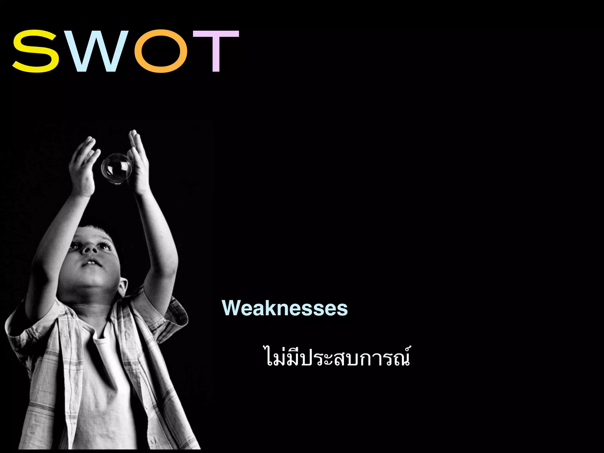 SWOT



   Weaknesses

       ไม่มีประสบการณ์
 