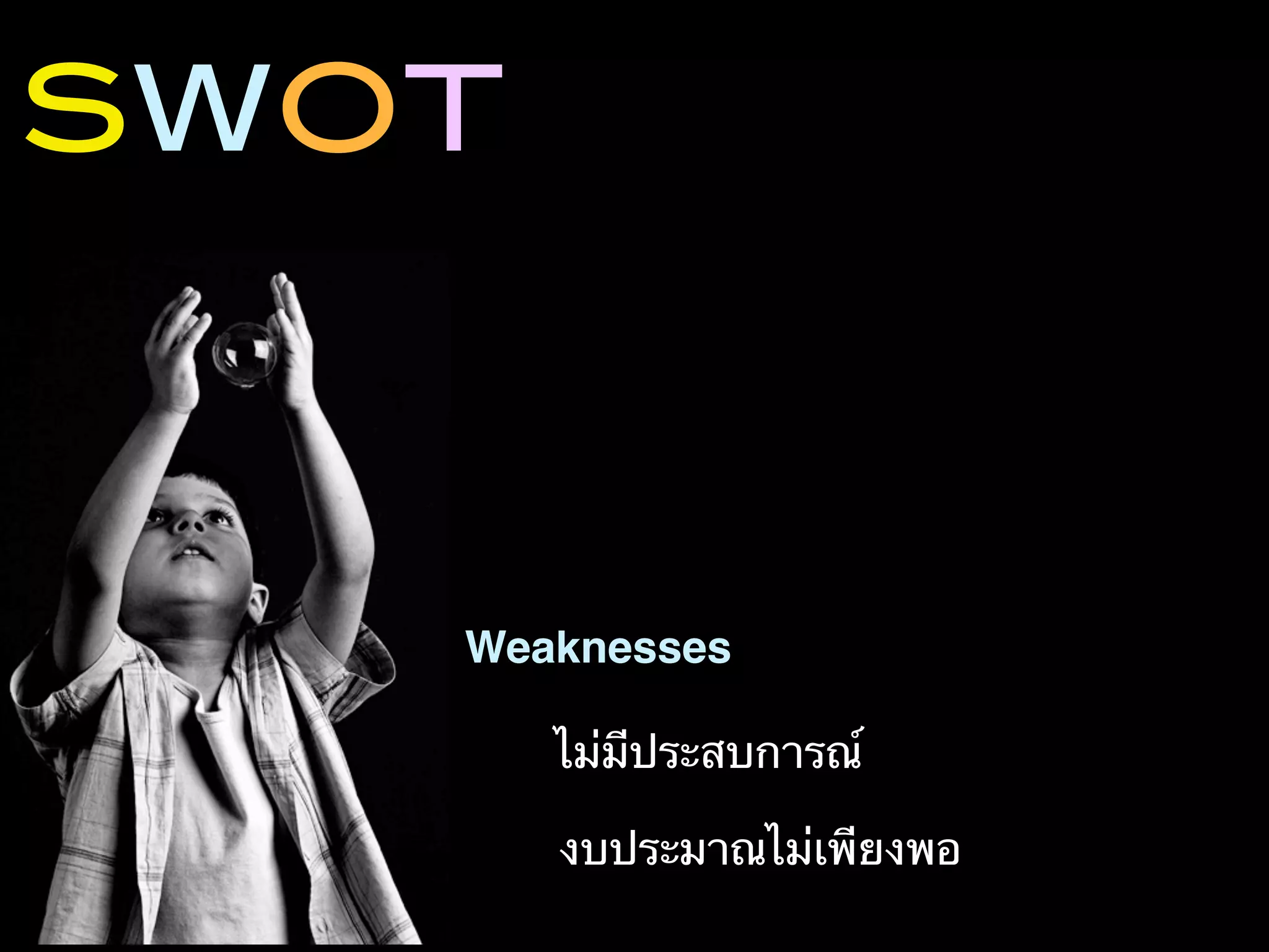 SWOT



   Weaknesses

       ไม่มีประสบการณ์

       งบประมาณไม่เพียงพอ
 