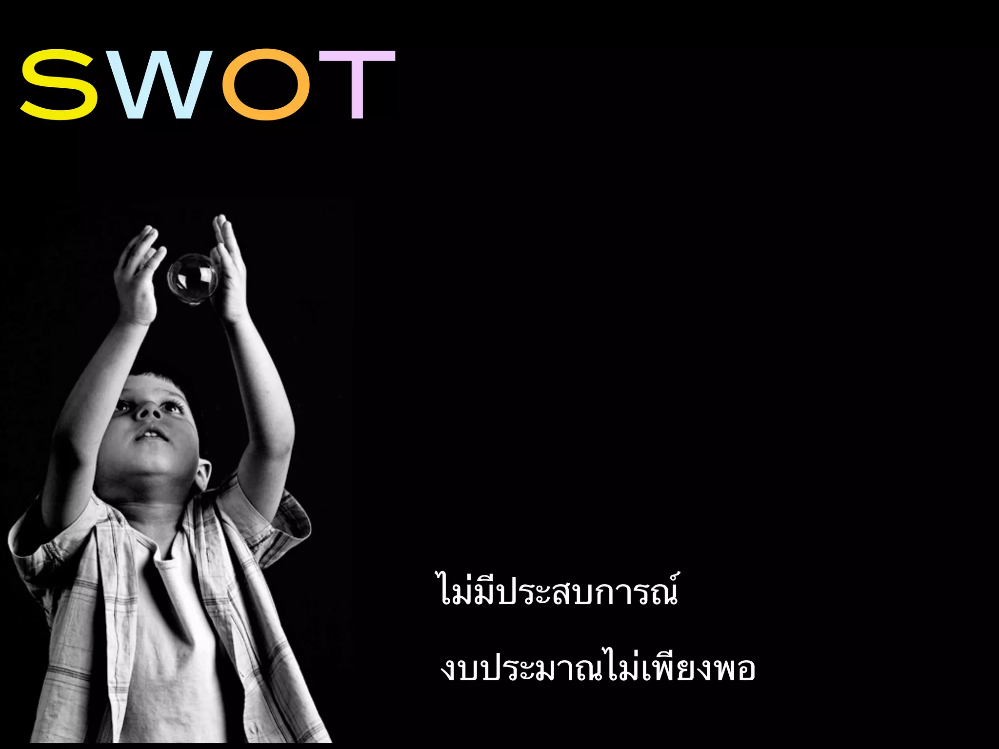 SWOT




       ไม่มีประสบการณ์

       งบประมาณไม่เพียงพอ
 