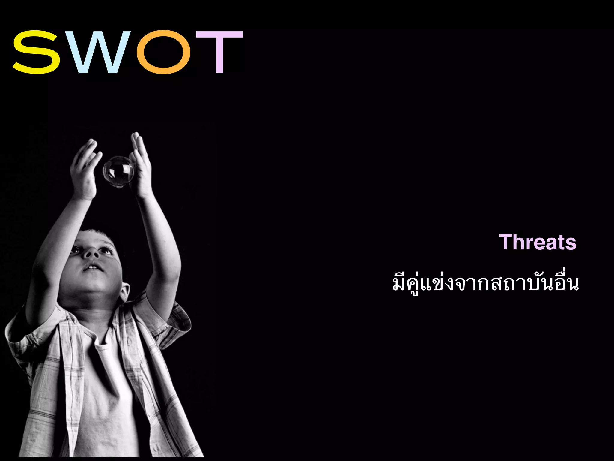 SWOT


                   Threats
       มีคู่แข่งจากสถาบันอื่น
 